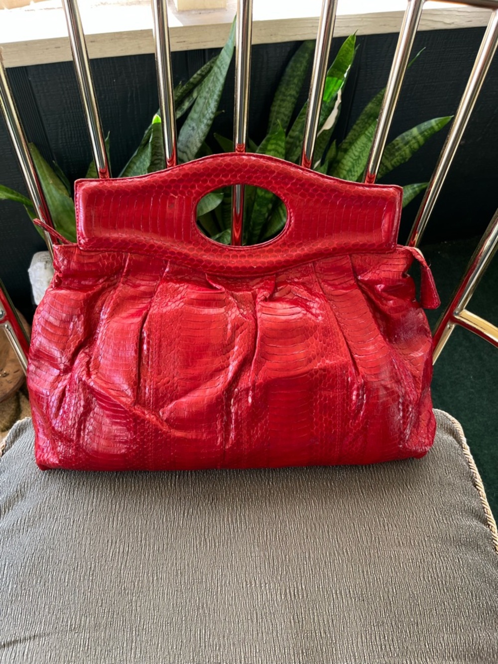 Red Lelya Real Snakeskin Clutch with Cutout Handle